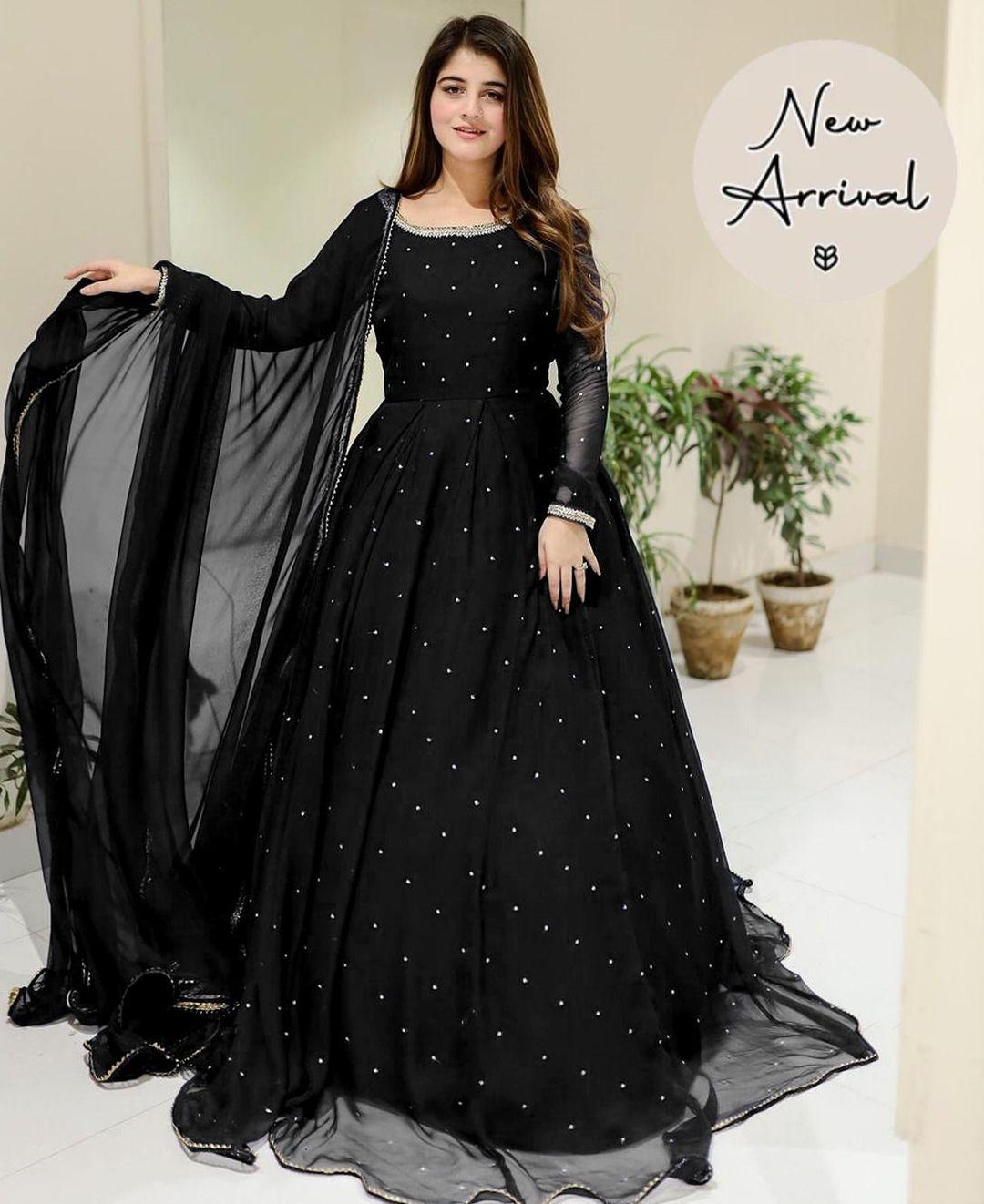 Elegant Black Embroidered Chiffon Maxi Suit with Dupatta and Trouser - 3 Pcs Set